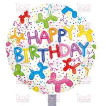 Happy Birthday feliratos, színes lufikutya mintás, 45cm méretű születésnapi fólia lufi.