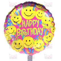 Happy Birthday feliratos, színes smile mintás, 45cm méretű születésnapi fólia lufi.