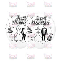 Just Married feliratos, fehér színű, esküvői pár és torta mintás lufi lánybúcsúra vagy esküvőre.  Mérete: kb 30cm Anyaga: latex.  A csomag 5db léggömböt tartalmaz