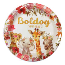 Boldog szülinapot állatos-virágos papír tányér 23cm, 6db-os