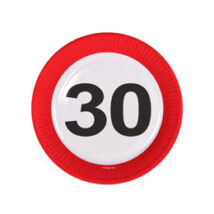 30-as sebességkorlátozó KRESZ táblát mintázó tányér a születésnapi ünnepi asztalra.