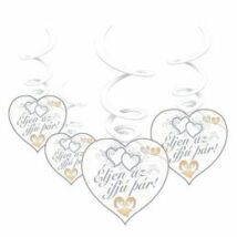 Éljen az ifjú pár! Szívek és Galambok Ezüst Esküvői Spirális Függő Dekoráció - 6 db-os