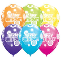 Színes lufi születésnapra, dots and glitz mintával és Happy Birthday felirattal.