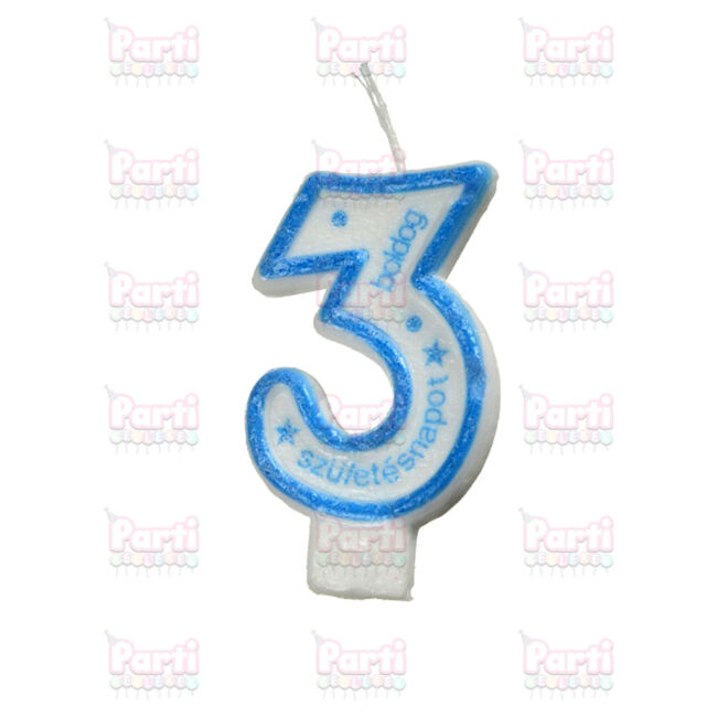 Kék színű számos gyertya fiúknak születésnapra 3 számmal. Minden tortára kötelező a gyertya, amely elfújását követően teljesülhet az ünnepelt álma.