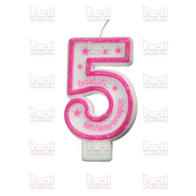 Rózsaszín színű számos gyertya lányoknak születésnapra 5 számmal. Minden tortára kötelező a gyertya, amely elfújását követően teljesülhet az ünnepelt álma.