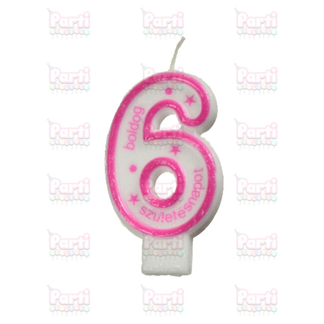 Rózsaszín színű számos gyertya lányoknak születésnapra 6 számmal. Minden tortára kötelező a gyertya, amely elfújását követően teljesülhet az ünnepelt álma.