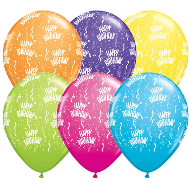Születésnapos Happy Birthday feliratos és konfetti mintás lufi díszítésre.
