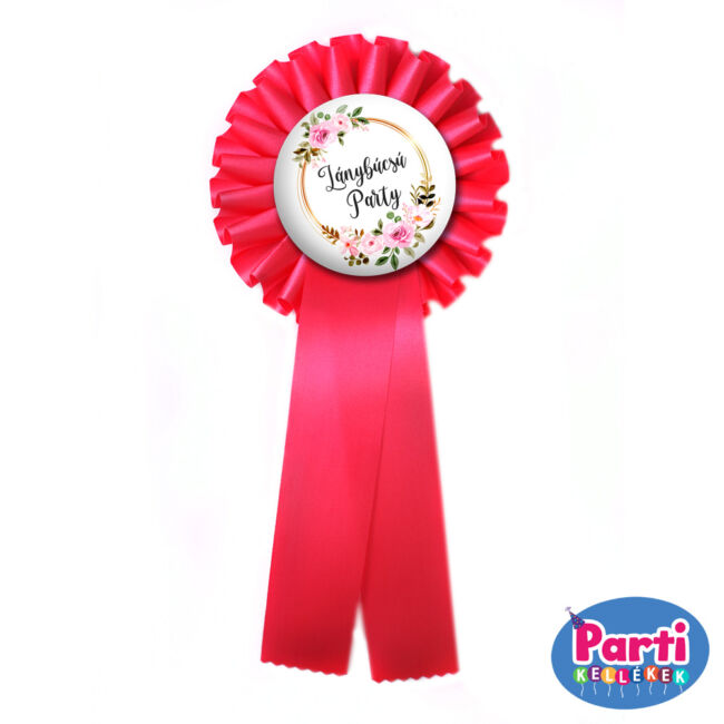 Lánybúcsú party virágos kitűző, a buli minden résztvevőjének, hozzá illő rózsaszín szalaggal. 