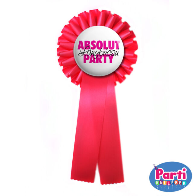 Absolut Lánybúcsú Party feliratos kitűző, hozzá illő rózsaszín szalaggal. A népszerű vodkára hajazó design-nal. Ha szereted ezt a márkás orosz italt, akkor ez a kitűző ütni fog a lánybúcsúztató partidon.