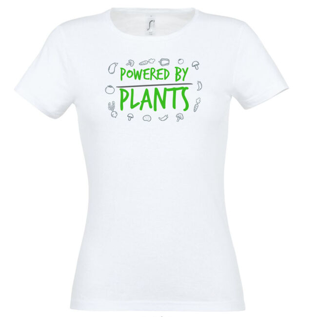 Powered by plants feliratos és zöldség mintás fehér színű póló